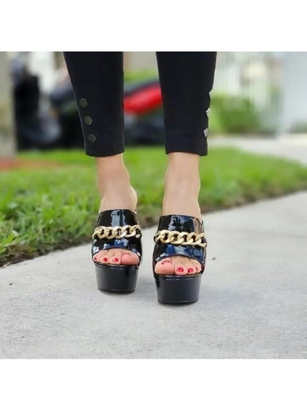 Black Patent Platform Heeled Mule Open Loafers for Women Gold Chain Slip On (7)